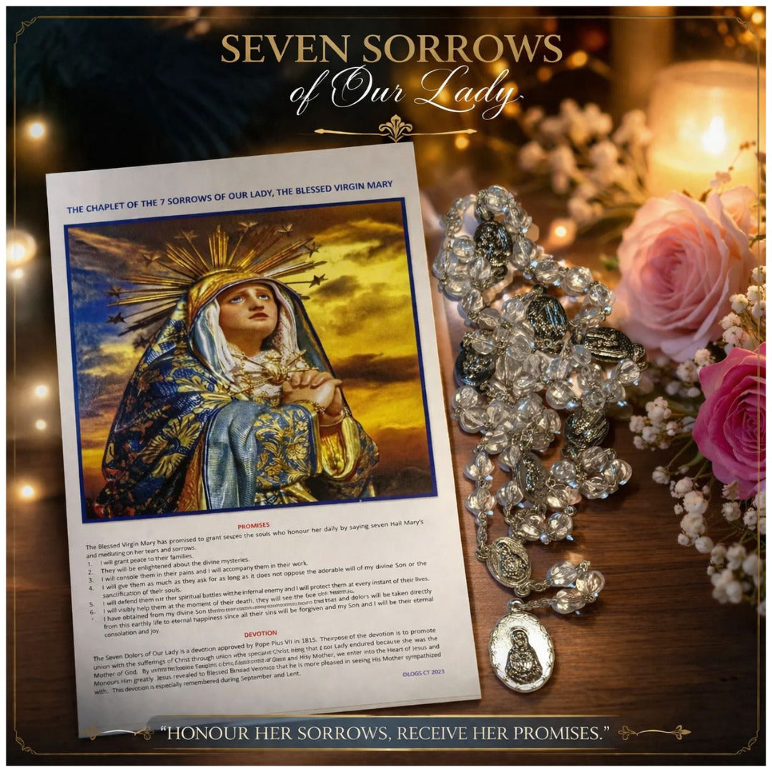 THE CHAPLET OF THE SEVEN DOLOURS OF OUR LADY IN HANDMADE SILVER CRYSTAL BEADS ROSARYWITH PRAYER CARD