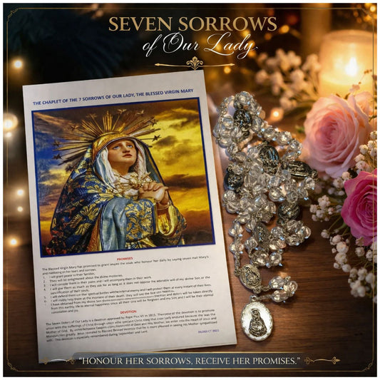 THE CHAPLET OF THE SEVEN DOLOURS OF OUR LADY IN HANDMADE SILVER CRYSTAL BEADS ROSARYWITH PRAYER CARD