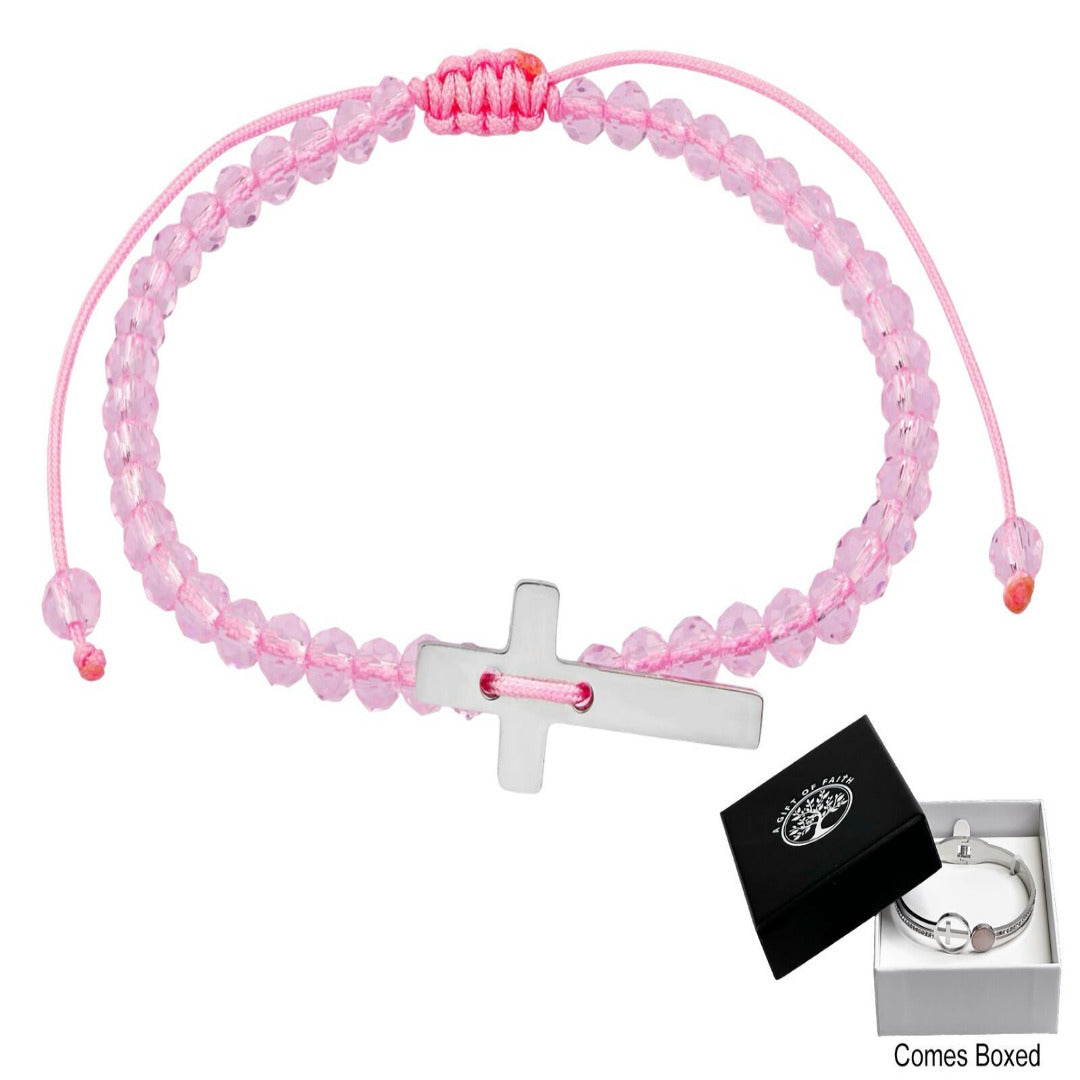 BRACELET WITH PINK CRYSTAL BEADS AND CROSS