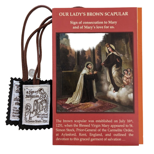 BROWN SCAPULAR WITH MIRACULOUS MEDAL AND CARD