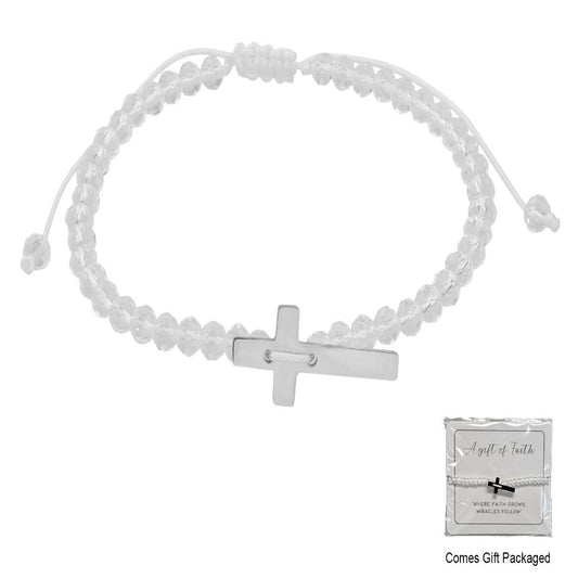 BRACELET WITH WHITE CRYSTAL BEADS AND CROSS