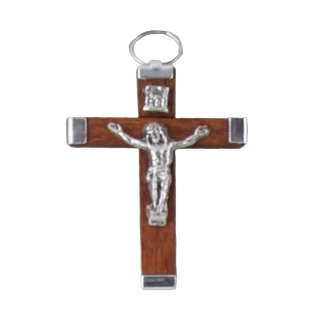 CRUCIFIX BROWN WOOD SILVER TIP 45MM