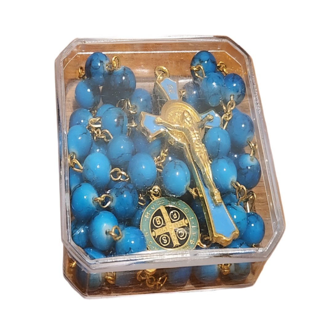 GOLDEN AQUA BLUE GLASS BEADS ROSARY