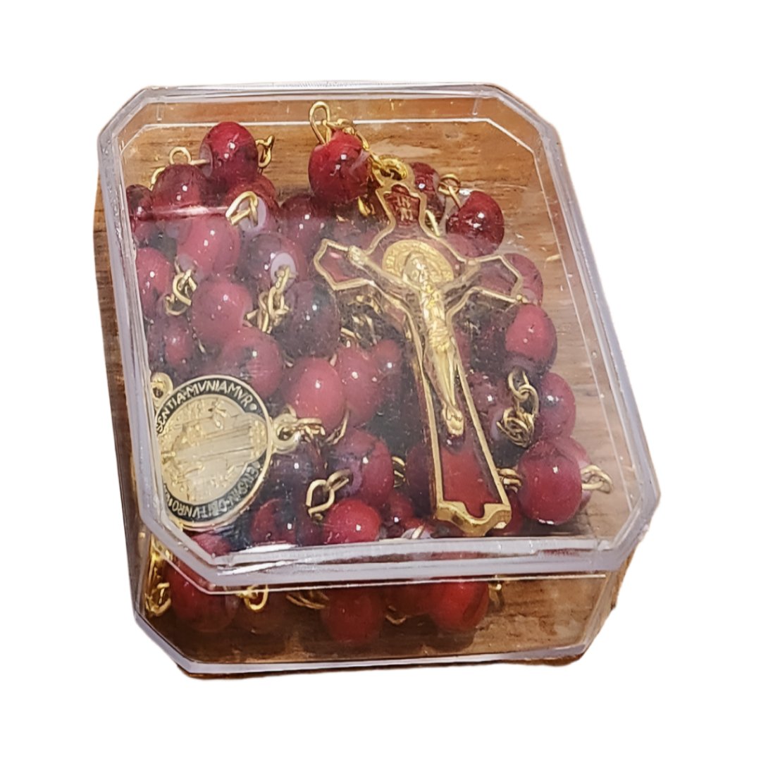 GOLDEN RED GLASS BEADS ROSARY