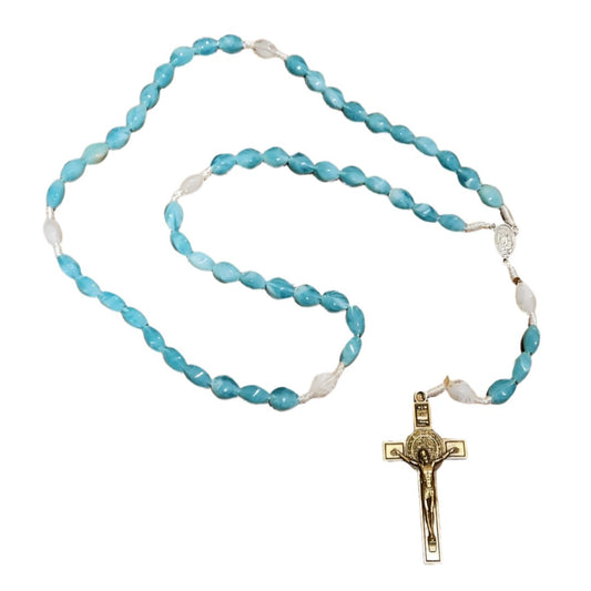 LONG HANDMADE CORD ROSARY IN AQUA AND WHITE BEADS