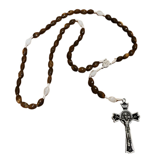 LONG HANDMADE CORD ROSARY IN BROWN AND WHITE BEADS