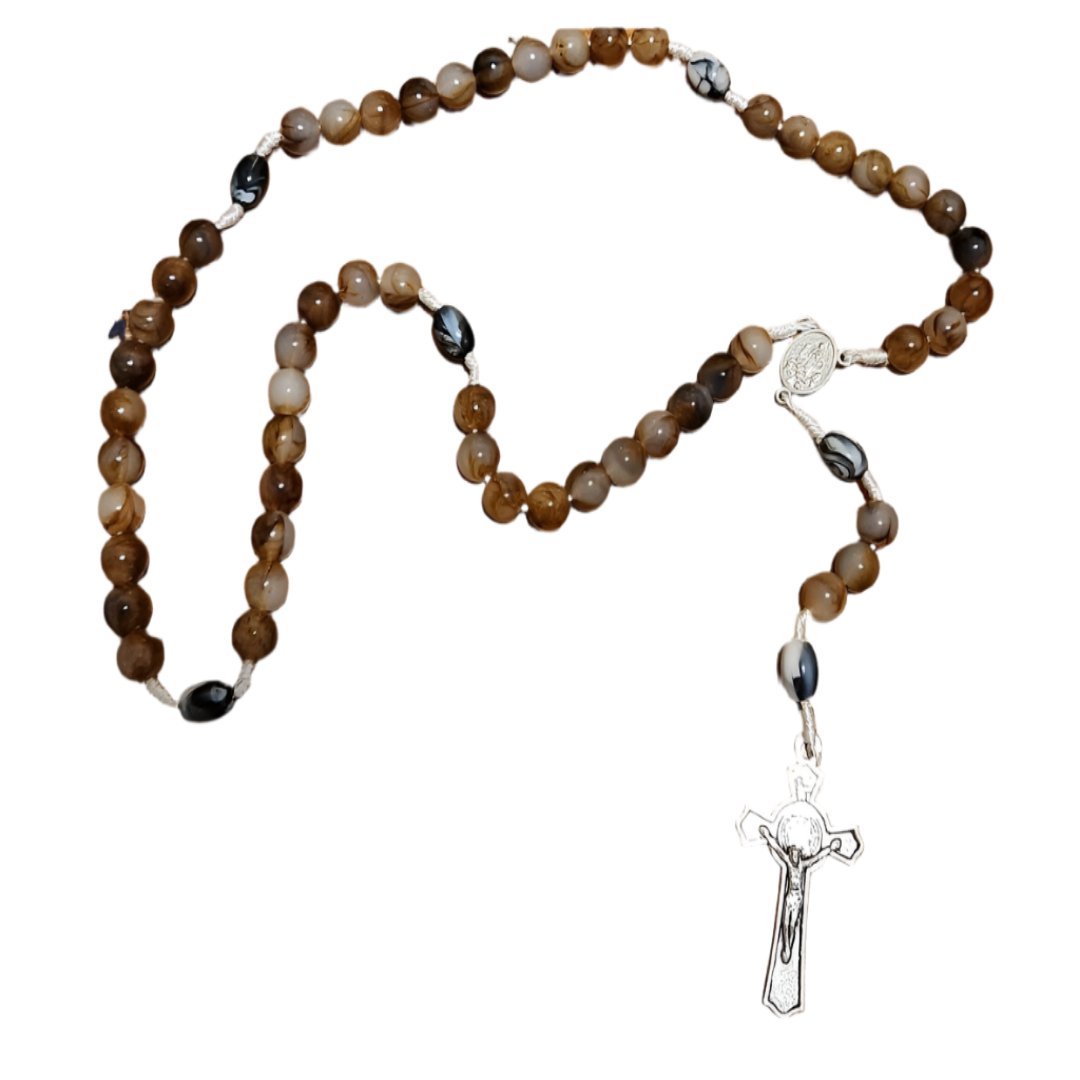 HANDMADE CORD ROSARY IN ROUND AGATE BROWN AND BLACK GLASS BEADS