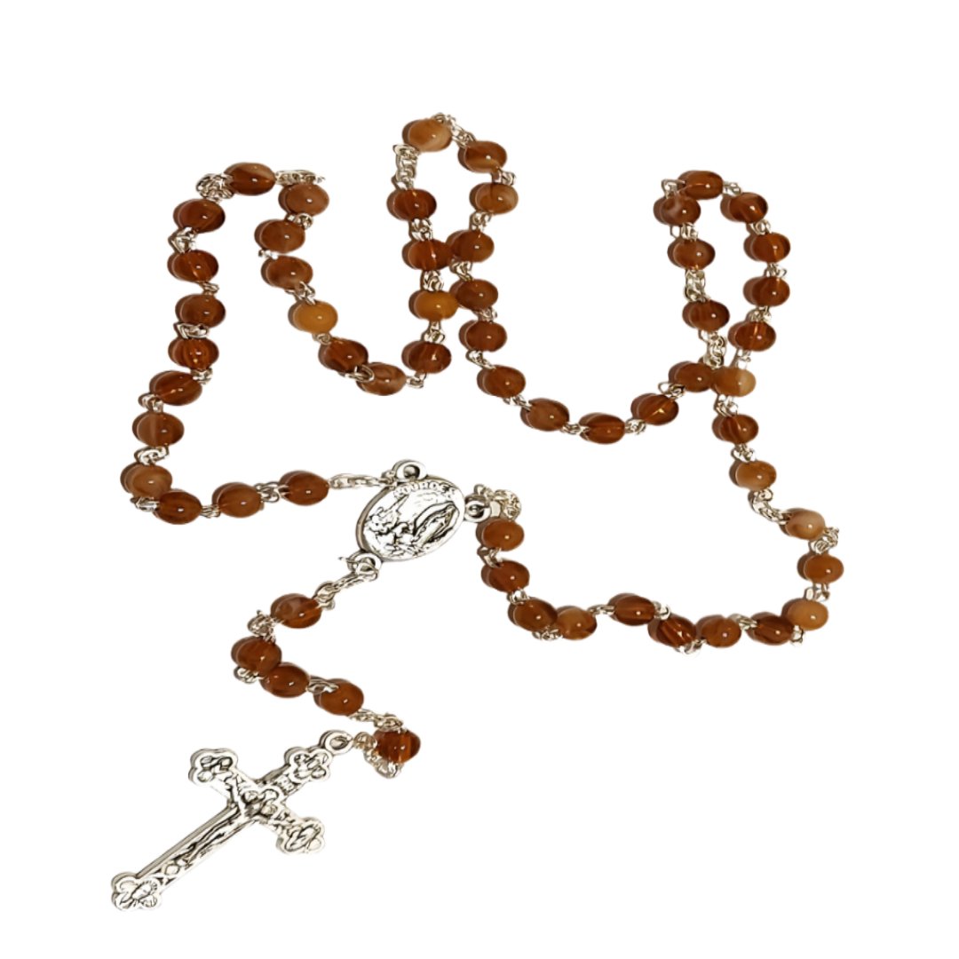 SILVER AGATE BROWN ROUND BEADS ROSARY