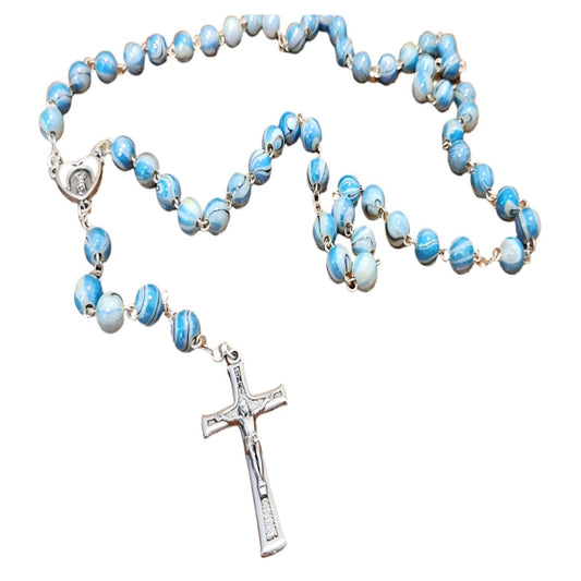 SILVER BLUE SWIRL BEADS ROSARY