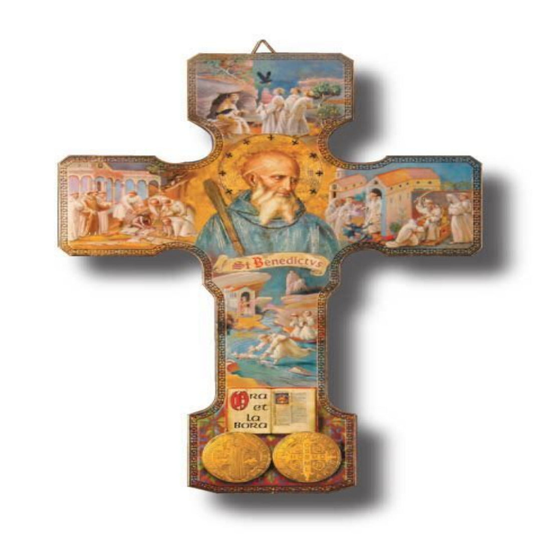 LARGE ST BENEDICT CROSS WITH PICTURES GOLD FOILED 245 X 175MM