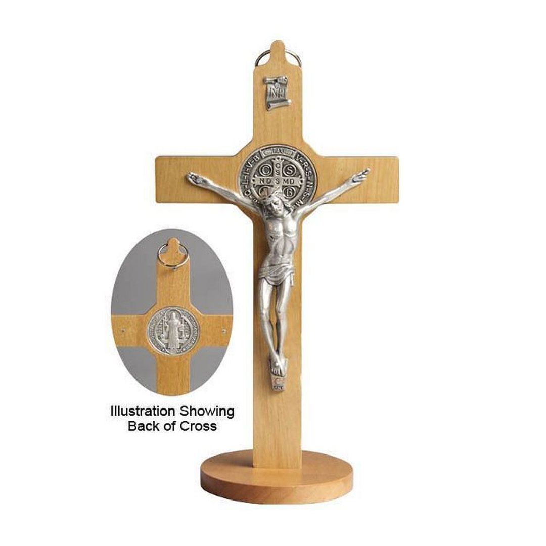 ST BENEDICT CRUCIFIX STANDING LIGHT WOOD