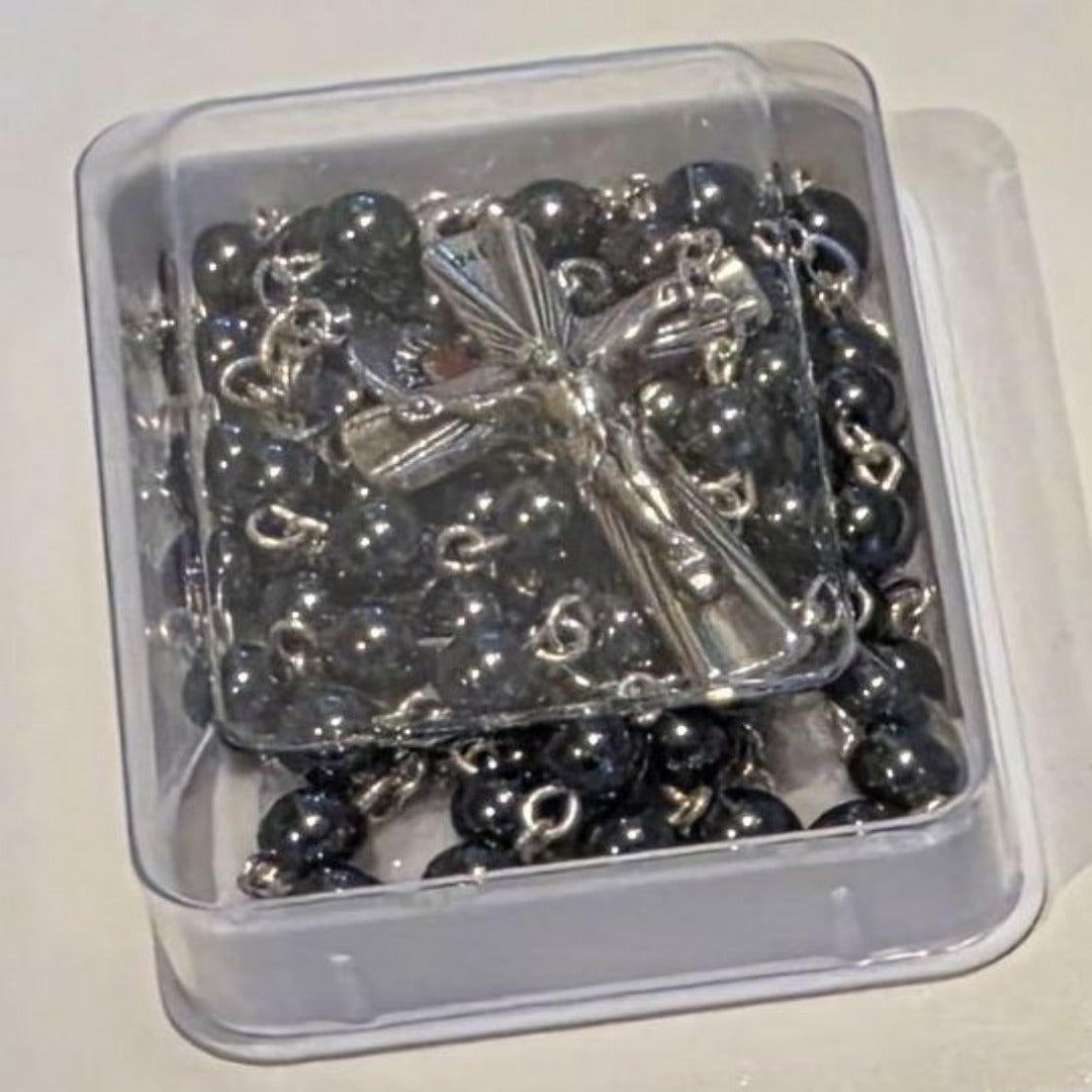 SILVER ROSARY WITH HEMATITE GEMSTONE BEADS