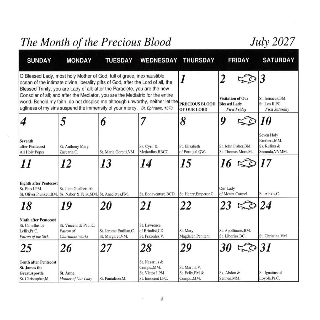 SAINT JOSEPH CATHOLIC CALENDAR 2027