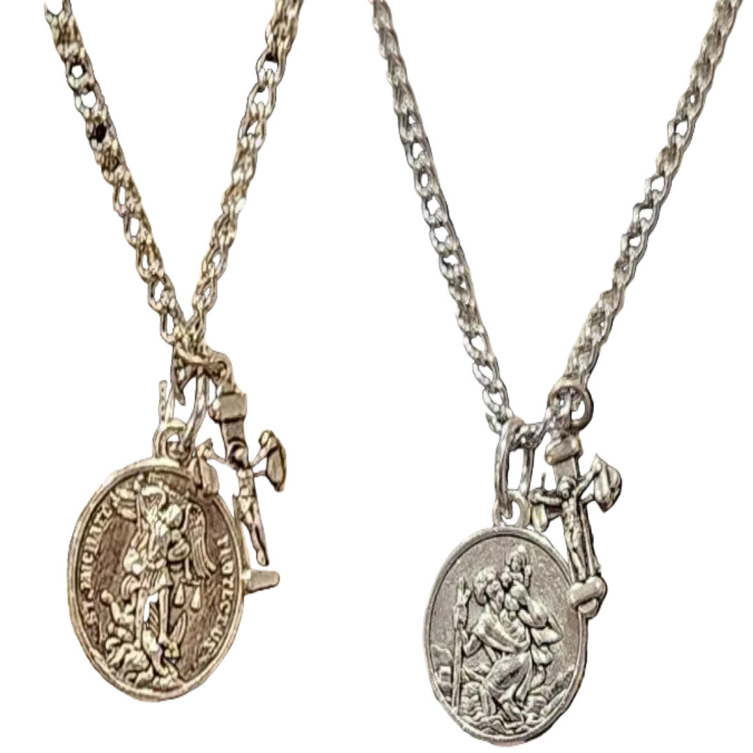 SAINTS MICHAEL THE ARCHANGEL AND CHRISTOPHER DOUBLE SIDED NECKLACE